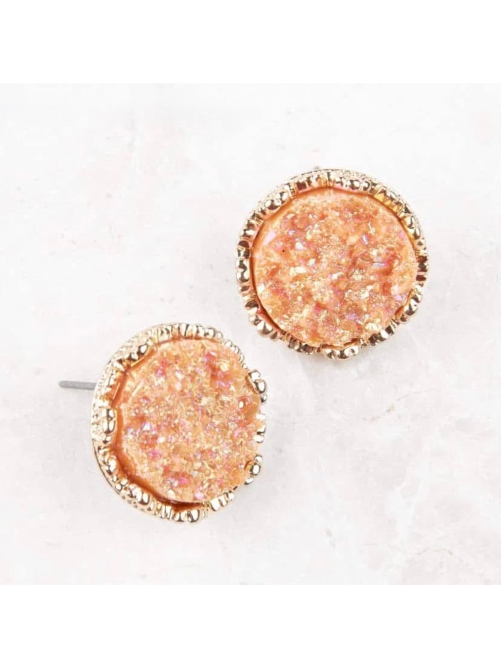 NEW Peach Pink Druzy Stud Earrings Plunder